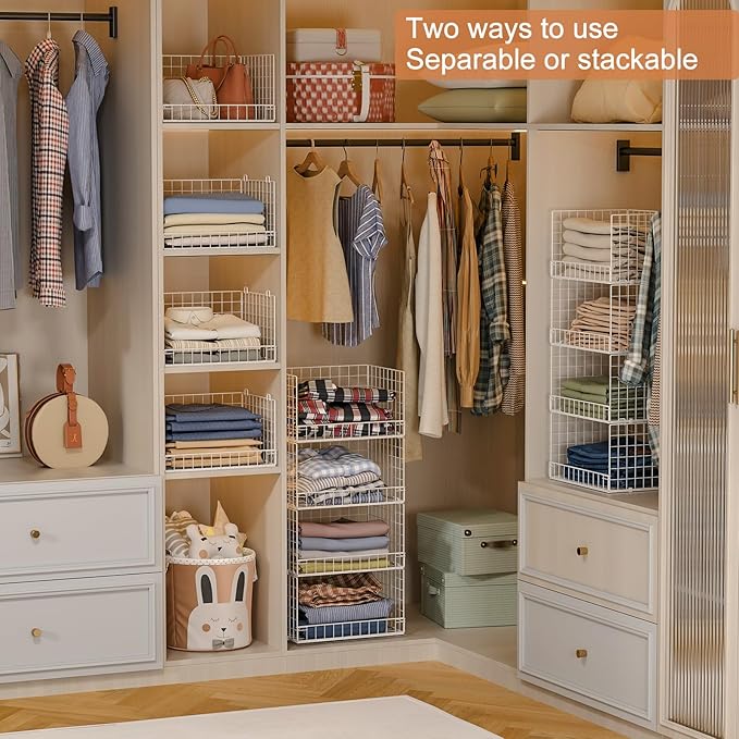 4-Tier Stackable Closet Organizers and Storage Basket, Foldable Closet Shelf Organizer System, Space-Saving Clothes Storage Drawer Organizer for Wardrobe, White (Patent Pending)