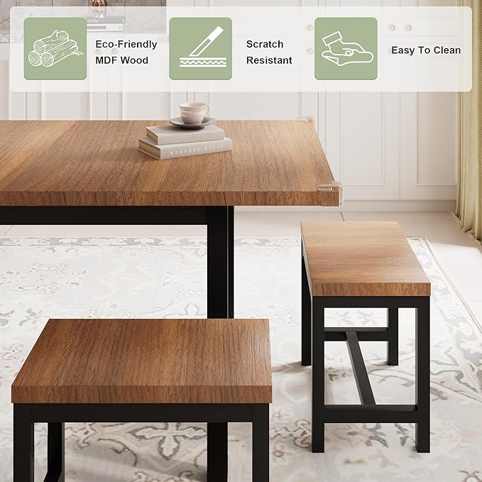 Feonase 7-Piece Dining Table Set with 6 Stools, 63" Large Extendable Kitchen Table Set for 4-8, Mid-Century Dining Room Table with Heavy-Duty Frame & MDF Board, Easy Assembly, Walnut