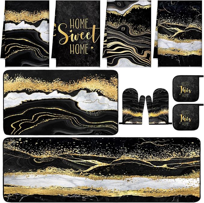 Fourluoo 10 Pcs Marble Farmhouse Kitchen Decor Accessories Set Marble Kitchen Dish Towels Rugs Oven Mitts and Pot Holders Sets for Cooking Baking(Black Gold,Modern)