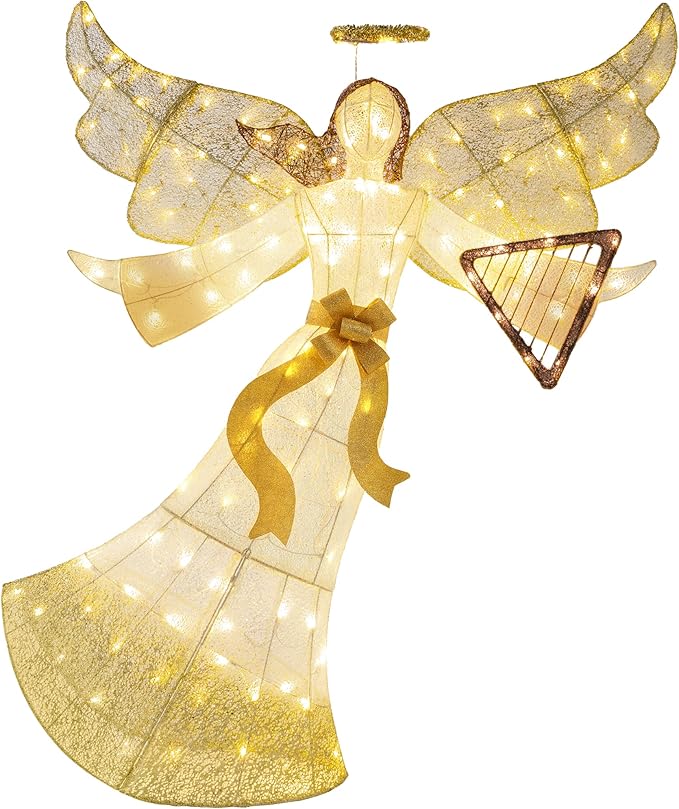 Best Choice Products 5ft Lighted Outdoor Angel Christmas Decoration, Pre-Lit Winged Holiday Figure for Lawn w/ 140 LED Lights, Harp, Bow, Halo, Zip Ties, Ground Stakes