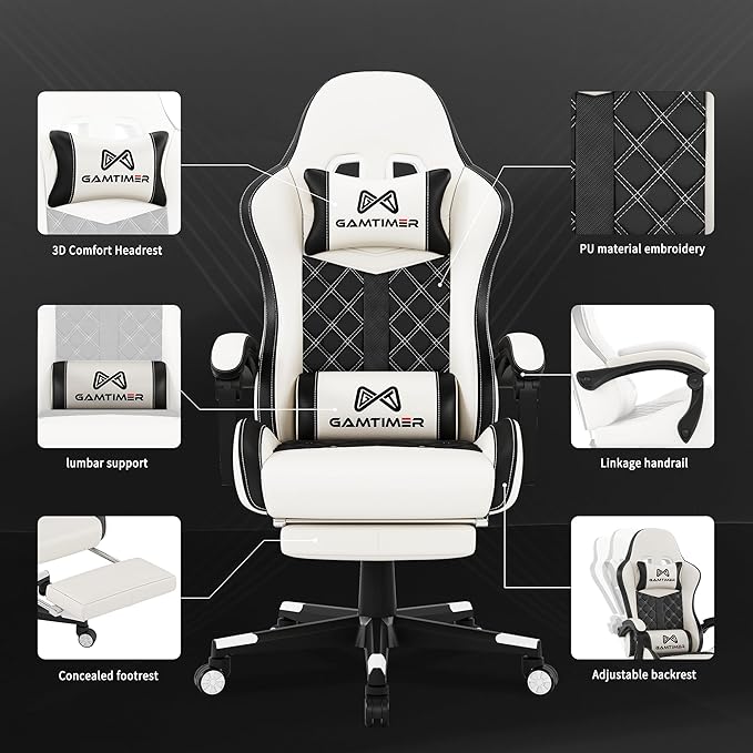 Gaming Chair, 400 lbs Adult Chair, High Back Computer Chair with Footrest and Linked Armrests, Office Video Game Chair with Lumbar Support(White)