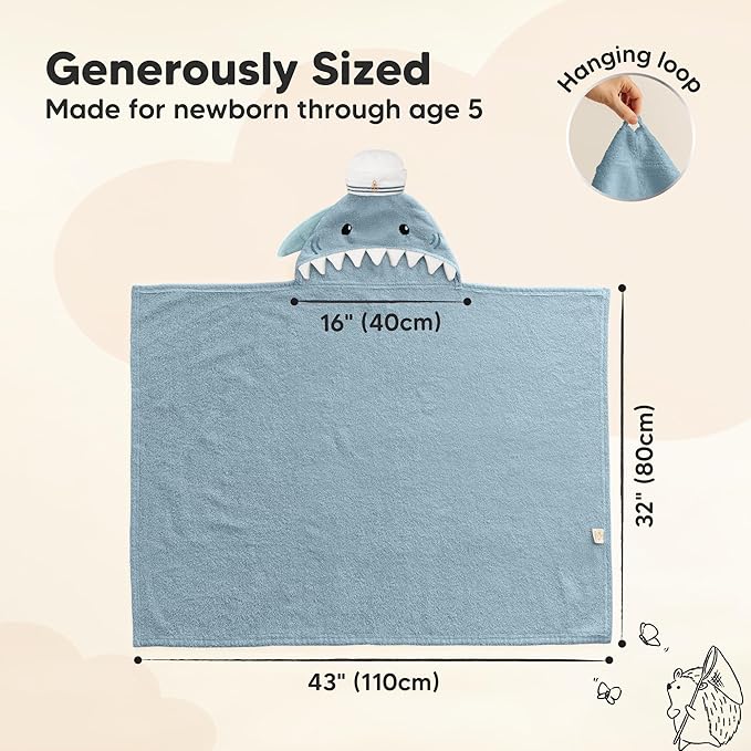 KeaBabies Organic Baby Towel with Hood for Girls, Boys - Soft, Absorbent, 100% Cotton Hooded Baby Towels for Newborns, Infants, Large Hooded Bath Towels for Babies, Kids, Toddler 1-3 (Skipper)