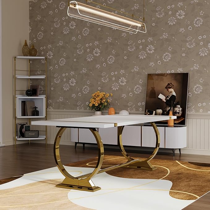 Asday Modern Large Dining Table, 80 Inch White and Gold Dining Table Unique Kitchen & Dining Room Table for 6-8, with White Tabletop and U Shape Stainless Steel Base