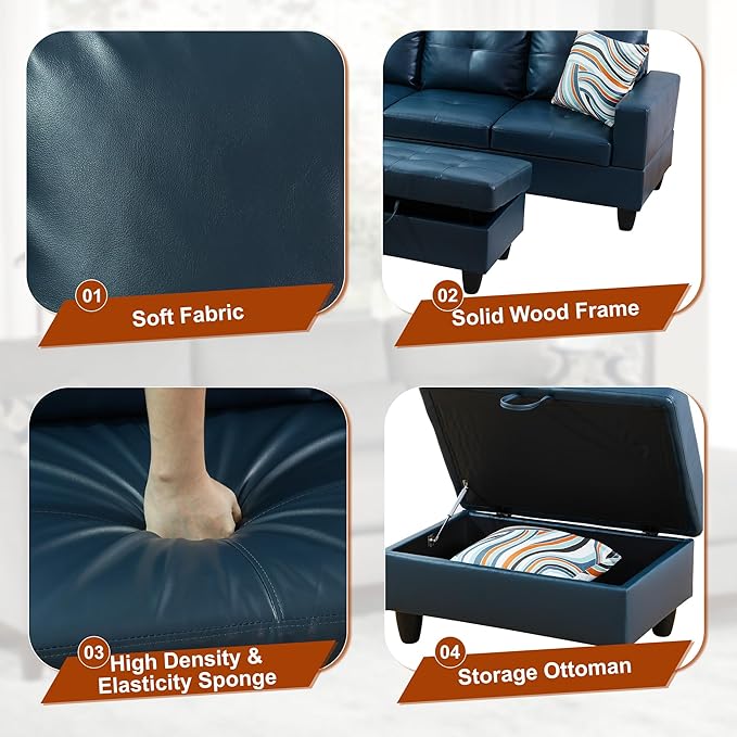 Osparple Sectional Couches for Living Room PU Leather L Shaped Couch 3 Pieces Modular Sectional Sofa with Storage Ottoman for Living Room and Small Apartment, Peacock Blue
