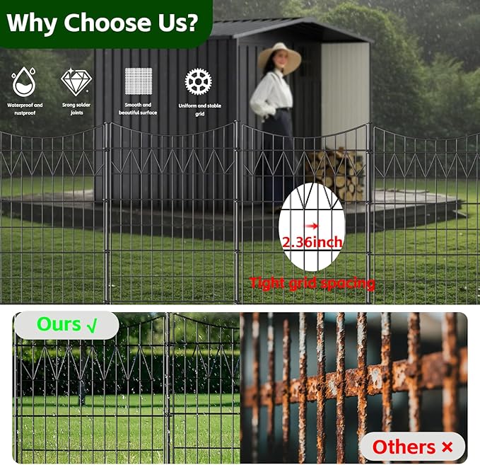 6 Panels No Dig Decorative Metal Fence for Yard, 40in(H)×13.5ft(L) Reusable Tall Garden Fence | Rustproof Animal Barrier with Extra-Long Ground Stakes | Temporary Durable Border Fence for Dog, Black