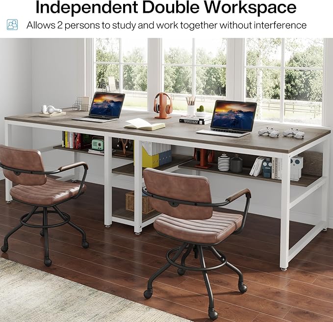 Tribesigns Two Person Desk with Bookshelf, 78.7 Computer Office Double Desk for Two Person, Rustic Writing Desk Workstation with Shelf for Home Office (Gray/White)