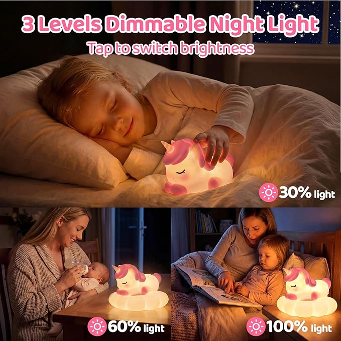 Mewaii Cloud Unicorn Night Light for Kids-Wireless Charging Cloud Base, 3-Level Dimmable 7-Color Changing & 30-Min Timer, Portable Girls Night Lamp, Cute Unicorn Gifts for Girls Baby Nursery Decor