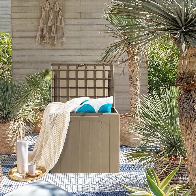 JUMMICO 31 Gallon Resin Deck Box Waterproof Indoor Outdoor Storage Boxes for Patio Furniture Cushions and Garden Tools (Light Brown)