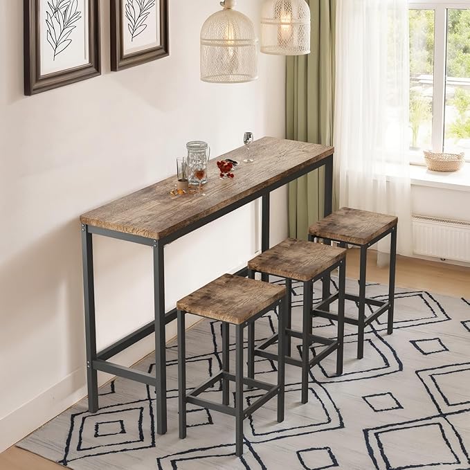 KEIKI 60.24” Long Bar High Top Dining Table and 3 Stools Chairs Set, Wood Behind Couch Sofa Counter Height Pub Furniture for Breakfast, Kitchen Living Party Room, Natural