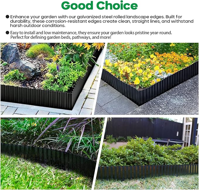 Corrugated Metal Garden Edging, Sturdy Tall Landscape Edging Borders, Perfect DIY for Flower Beds, Lawn and Pathway, Tree Surrounds, Paver Edges (Black, 6"×20FT)