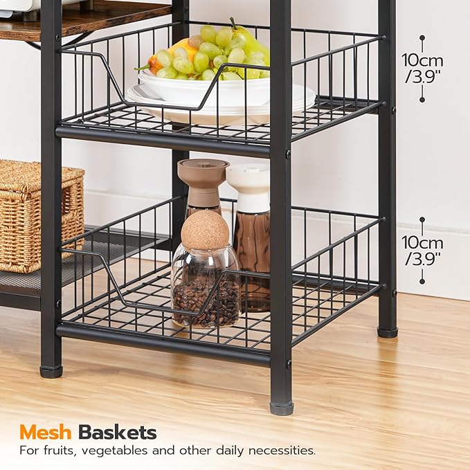 HOOBRO Bakers Rack with Power Outlet and LED Light, 6-Tier Microwave Stand with Wire Baskets, Coffee Bar Station, Kitchen Utility Storage Shelf with 4 Hooks, Rustic Brown and Black BF64UDHB01