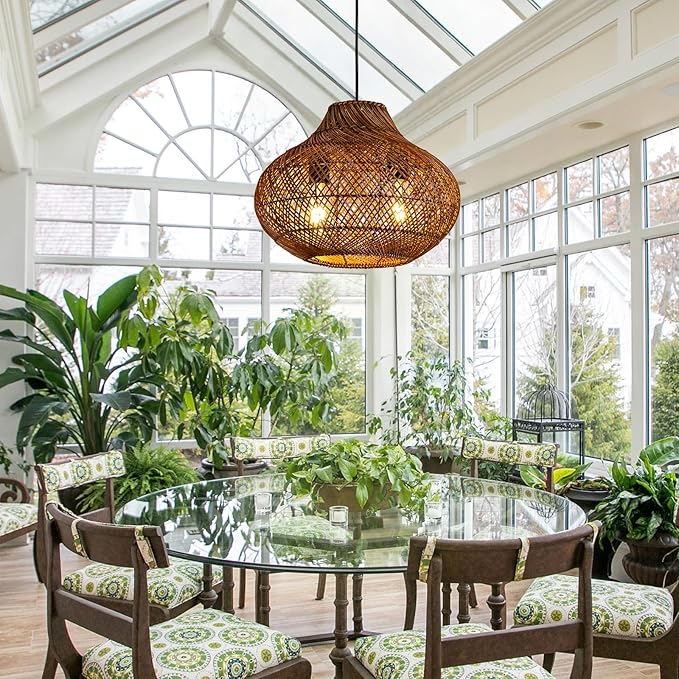 15in Rattan Light Fixture, 2-Light Wicker Woven Chandelier Rustic Pendant Lights Rattan Hanging Lamp for Kitchen Island Dining Room Yard Restaurant Garden Design