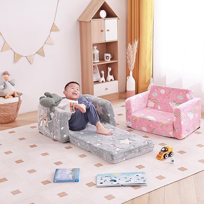 Tiita Kids Chair Couch, Folding Toddler Comfy Sofa Chairs, 2-in-1 Kids Plush Sofa Fold Out, Baby Armrest Chair Sofa to Lounger, Convertible Play Sofas to Bed for Girl or Boy, Grey Star