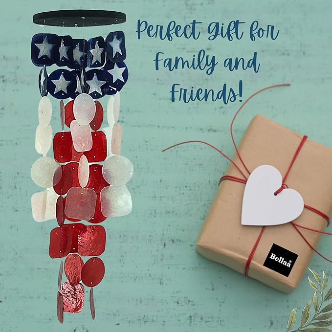Bellaa 24834 Wind Chimes Outdoor, Garden Decorations, Musical, Indoor/Outside Windchimes, Beach, Ocean Breeze, Gifts for Mom, Gift for All Occasions, Capiz Sea Glass Shells Wood American Patriotic