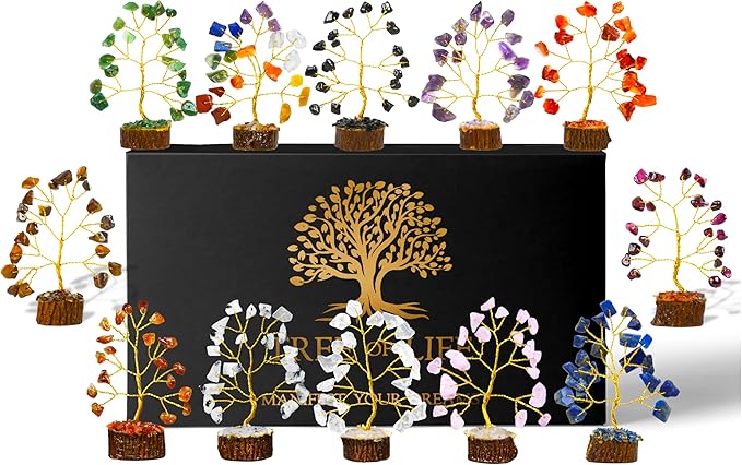 Crystal Tree Gifts for Women, Set of 12 Handcrafted Small Tree of Life Chakra Healing Crystals & Stones for Positive Energy, Good Luck, Home and Office Decor, Birthday Presents