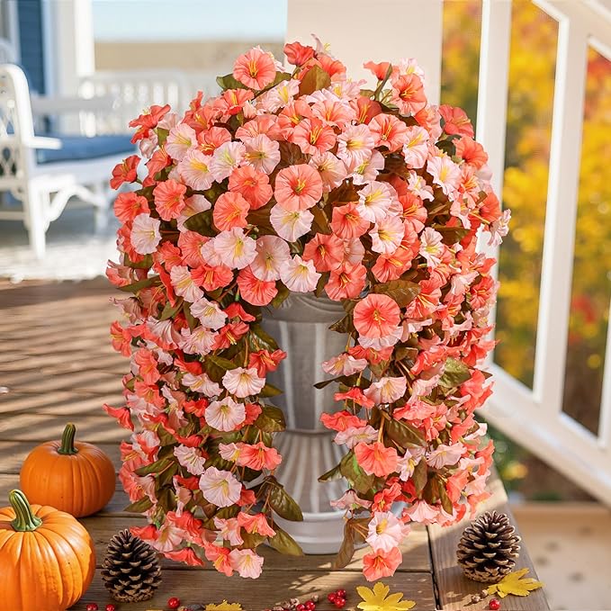 HyeFlora Artificial Fake Fall Hanging Flowers for Outdoor Decor, 2PCS Faux Silk Morning Glory Hanging Plants Mums Vine for Home Garden Wall Party Indoor Outside Decoration (Fall Orange+Light Orange)