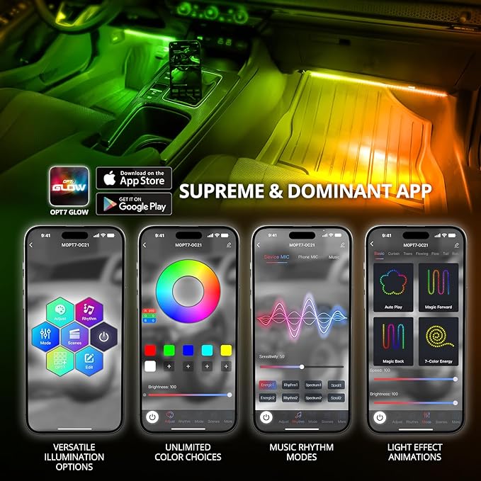 OPT7 Aura DreamColor RGB-IC Car Interior Ambient Light, 6PC Single Row LED Strips, Color Chasing Light Kit w/APP & Remote Control, Universal for Vehicles SUV Truck Pickup Van