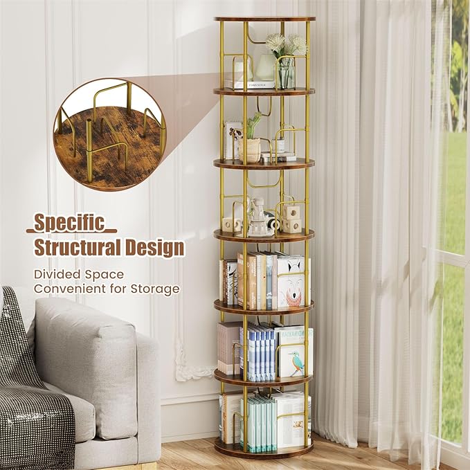 6 Tier Rotating Bookshelf, 360 ° Display Stackable Spinning Bookshelf Tower, Corner Bookshelf Tall Floor Standing Swivel Bookcase Narrow Storage Organizer for Bedroom, Living Room, Gold