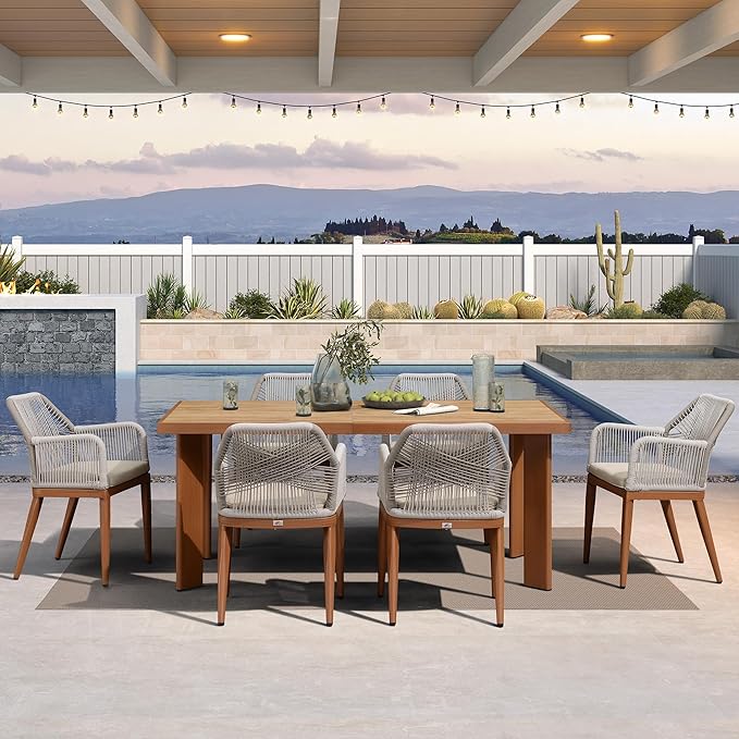 PURPLE LEAF 7 Pieces Patio Dining Set Aluminum Rectangular Table and Rattan Arm Chairs with Cushions for Kitchen Porch Garden Modern Outdoor Furniture Sets