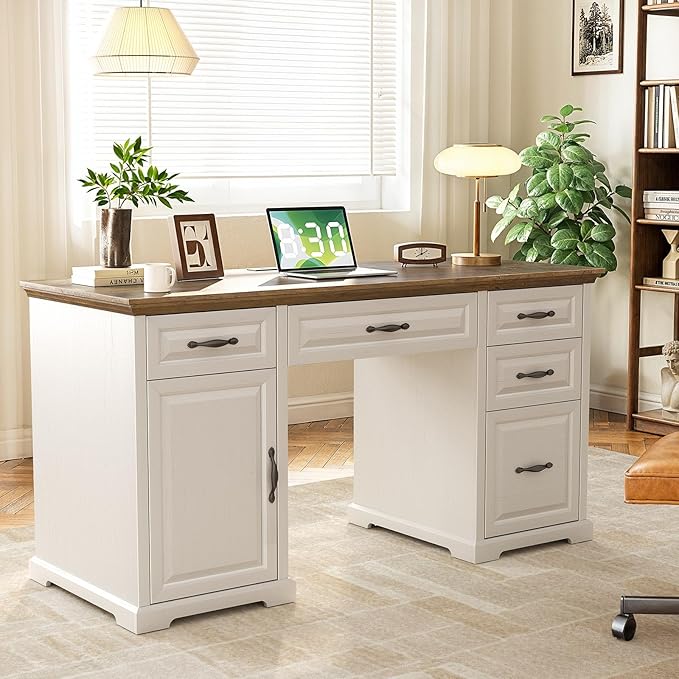 Marsail 60″ Farmhouse Executive Desk, Home Office Desk with Storage Cabinet, Charging Station, Adjustable Shelf, and File Drawer, Rustic Computer Writing Desk for Work & Study, Brown & White
