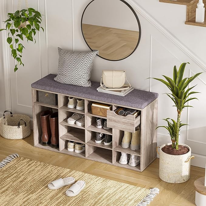 DINZI LVJ Shoe Bench, Entryway Storage Bench with Drawer and 15 Cubbies, Cubby Shoe Rack with Adjustable Shelves, Shoe Organizer Cabinet for Living Room, Bedroom, Mudroom, Closet and Garage, Greige