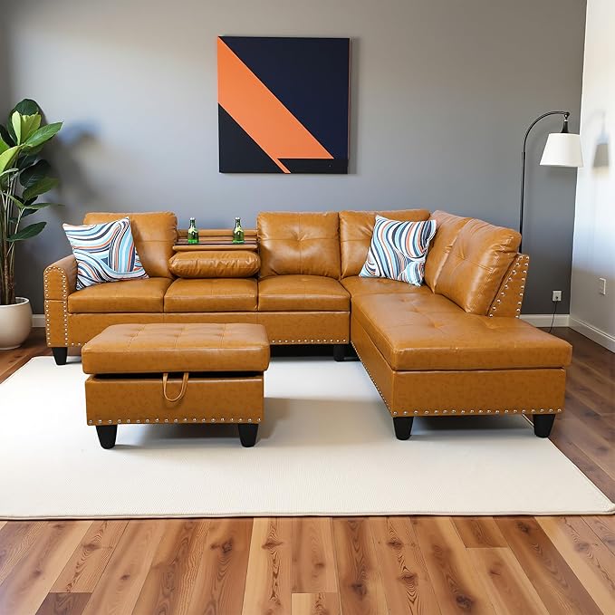 Osparple L Shaped Couch PU Leather Sectional Couch Upholstered 3 Pieces Sofas for Living Room with Chaise, Ottoman with Storage for Office and Small Apartment, Ginger