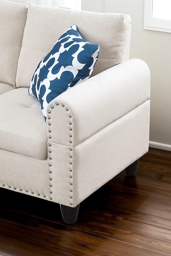 98 Inch L Shaped Sectional Sofa with Chaise Lounge, Storage Ottoman and 2 Pillows, 4-Seaters Linen Upholstered Tufted Couch w/Cupholder & Nailhead Trim for Living Room, Office, Beige