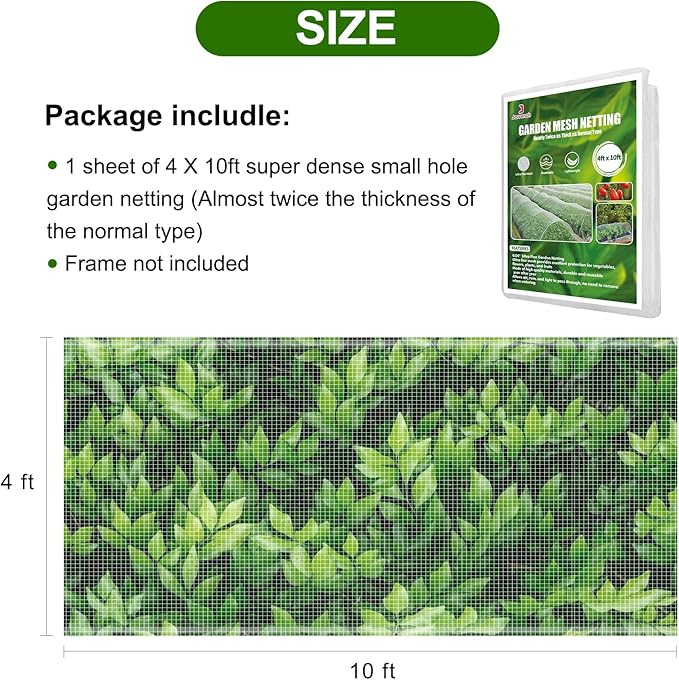 Garden Netting, Jevrench Durable Ultra Fine Garden Netting, Garden Plant Cover Row Cover Makes Plants, Vegetables, Fruits, and Flowers Grow Better (4ft x 10ft)