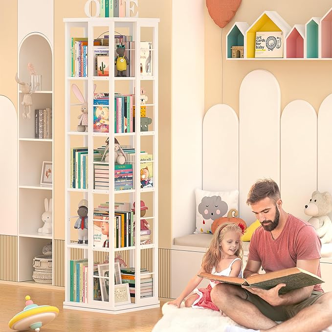 Aheaplus Rotating Bookshelf, Corner Bookcase, 360 Display Wood Spinning Bookshelves, Floor Standing Bookcases Narrow Shelf, 5 Tiers, White
