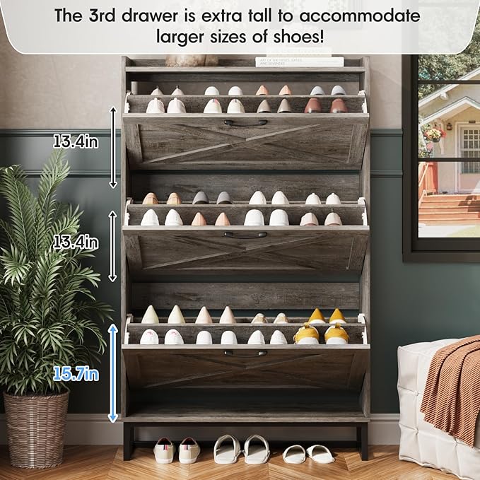 Maupvit Shoe Storage Cabinet with 3 Flip Drawers, Freestanding Organizer with Metal Legs for Entryway, Narrow Shoe Rack Cabinet, Light Rustic Oak