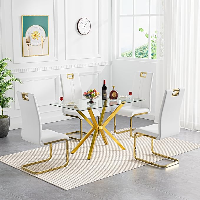 47.2" Glass Dining Table, Modern Kitchen Table for 4 People, Contemporary Rectangular Dining Room Dinner Tables with Clear Glass Top & Gold Metal X Legs for Kitchen Apartment