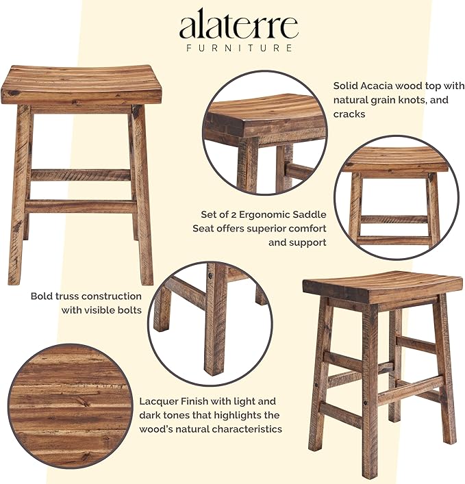 Alaterre Furniture Durango 26-Inch Industrial Wood Counter-Height Stools – Set of 2 Rustic Saddle Seat Bar Stools - Vintage Style with Light or Dark Lacquer Finish for Kitchen Island or Home Bar