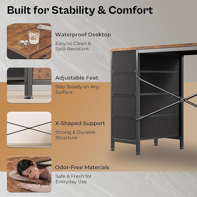 Huuger 55 Inch L Shaped Desk with Fabric Drawers, Reversible Computer Gaming Desk with Power Outlets and USB-C Port, Adjustable Side Storage Shelves, for Work Study Corner Home Office, Rustic Brown
