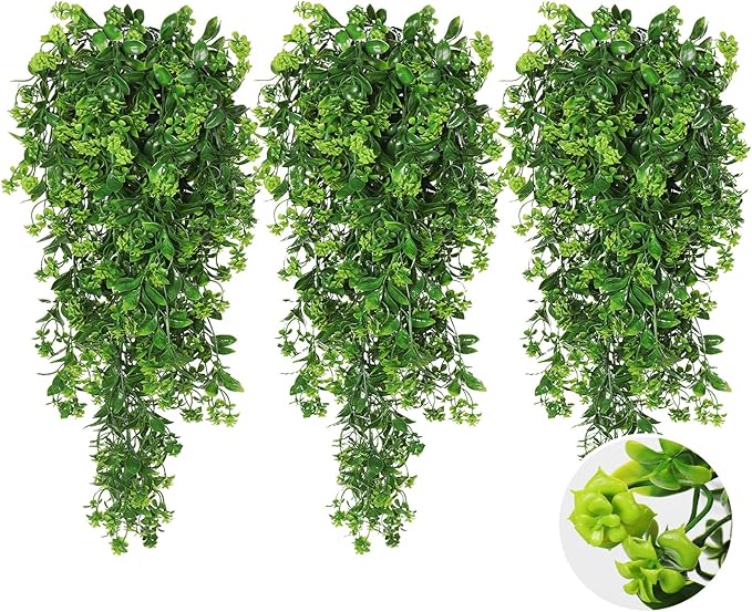 SJL Fake Hanging Plants 3pcs Hanging Plants with Flowers Artificial Greenery Faux Ivy Vine Leaves UV Resistant Plastic Plant Faux Greenery Vine Plant for Wall Home Indoor Outdoor Decor (Green)