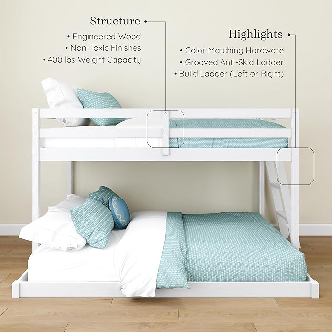Grain & Grove Bear Twin Over Full Bunk Bed, Low Bunk Bed Frame for Kids, Bunk with Ladder, Guardrail, and Slats, No Box Spring Required, Brushed White