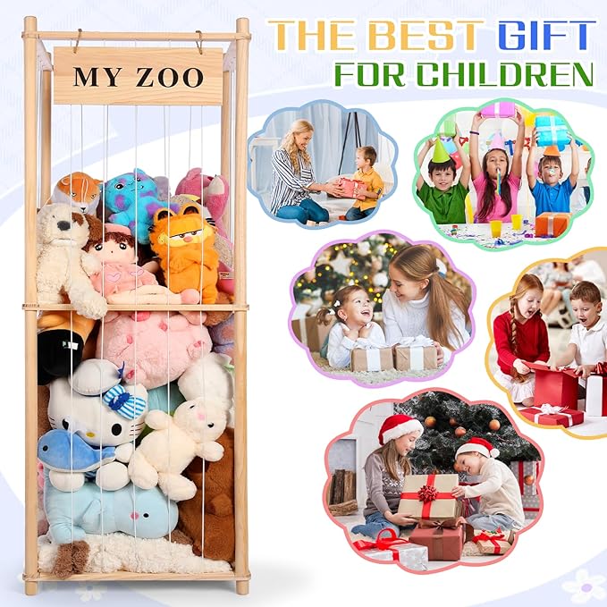 Stuffed Animal Storage Zoo, Wooden Stuffed Animal Organizer with Elastic Cords for Boys Girls, Space Saving Toy Plushies Storage Holder for Playroom, Bedroom, Living Room (Burlywood, Large)