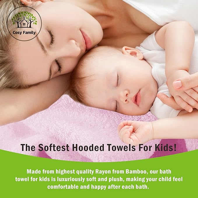Cosy Family 3 Pack Baby Hooded Towels, Rayon Made from Bamboo, Ultra Soft Unisex Bath Towels for Babies,Toddler,Infant - Newborn Essential - Ultra Absorbent Toddler Towels for Baby Boy Girl - Pink