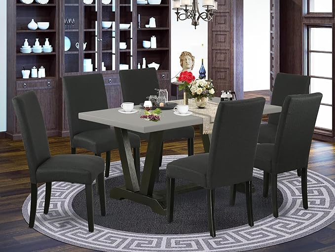 East West Furniture V696DR124-7 7 Piece Dining Table Set Consist of a Rectangle Dining Room Table with V-Legs and 6 Black Color Linen Fabric Upholstered Chairs, 36x60 Inch, Multi-Color