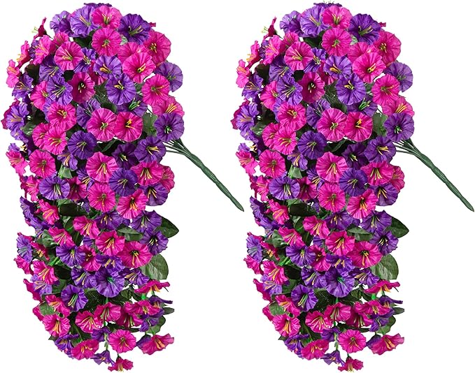 Artificial Fake Fall Hanging Plants Flowers for Outdoor 2 PCS Faux Silk Morning Glory Vines Stems UV Resistant for Wall Home Porch Patio Party Wedding Decor (Dark Purple and Fuchsia)