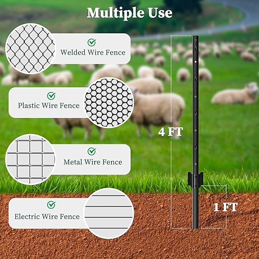 10 Pack Metal Fence Posts, 4ft Heavy Duty U-Post, Black Garden Stakes, No-Dig Post Anchors for Wire Fences, Temporary Fencing, Electric Fence, and Corner Support
