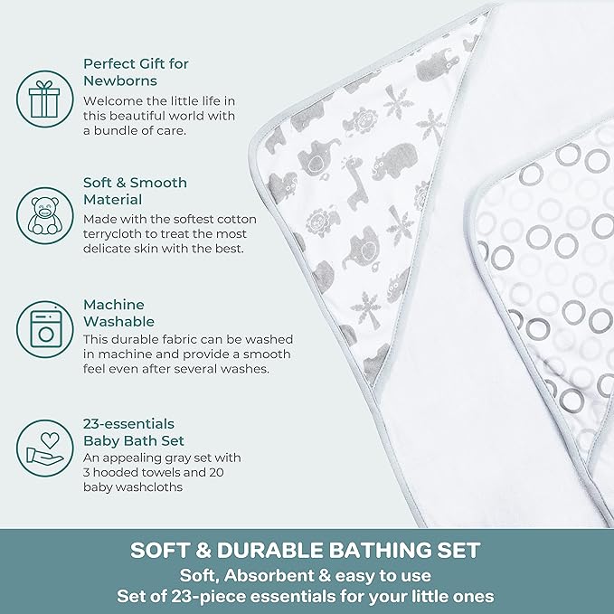 Spasilk Bath Hooded Towels & Baby Washcloths Set, Baby Bath Essentials for Everyday Use, 23-Piece Gift Set, Gray Lion