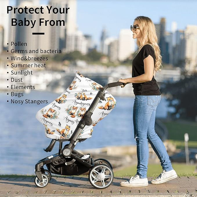 Personalized Fox Baby Car Seat Cover with Name,Multi-Use Canopy for Nursing, Strollers,Shopping Carts,Customized Breastfeeding Cover, Full Privacy,Infant Stroller Cover