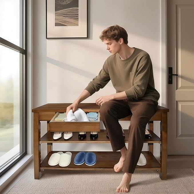 Wood Shoe Bench Entryway with Drawer: 2-Tiers Wooden Storage Shoe Rack with Bench Seat, Compact Mid-Century Modern Design for Entryway, Hallway, Closet, Front Door Entrance, Foyer 43.3" Walnut