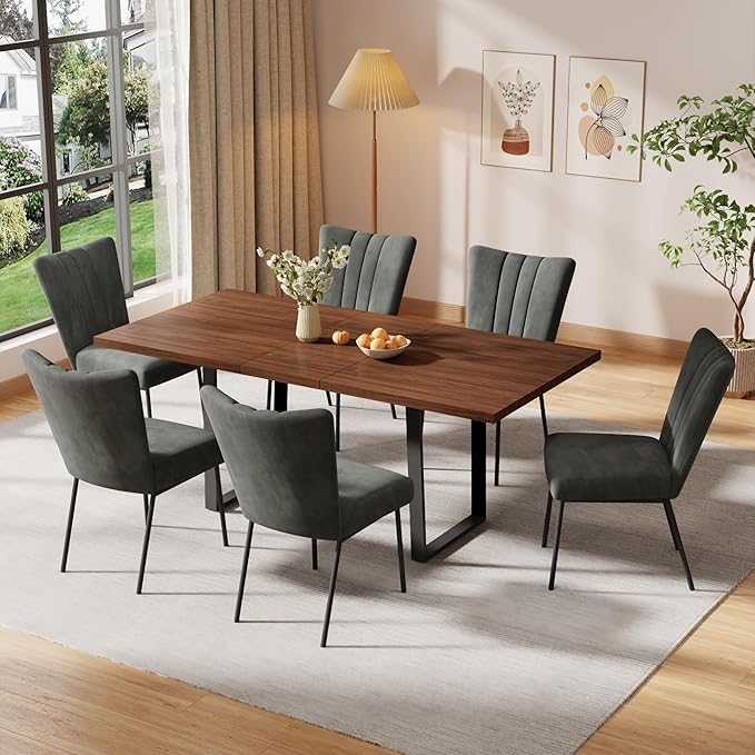ZckyCine 51"-67" Expandable Dining Table, Modern Rectangular Walnut Wood Table with Metal Frame, Space-Saving Adjustable Table for Kitchen, Dining Room, Apartment or Restaurant