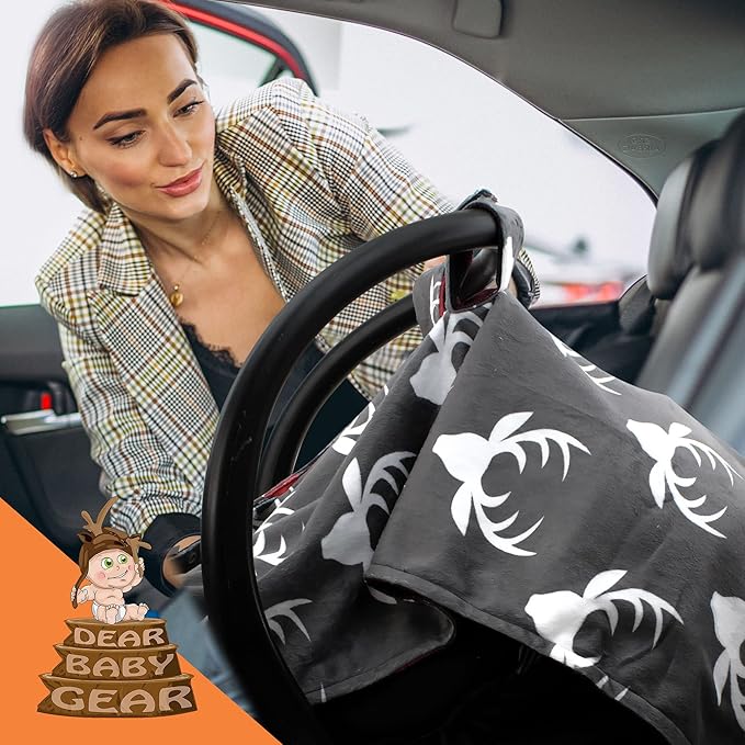 Dear Baby Gear - 40x30 Car Seat Canopy, Infant Carrier Cover for Boys & Girls, Cozy Fall, Nursing & Stroller Use, Newborn Travel Sunshade, White Antlers, Plaid Red & Black Buffalo