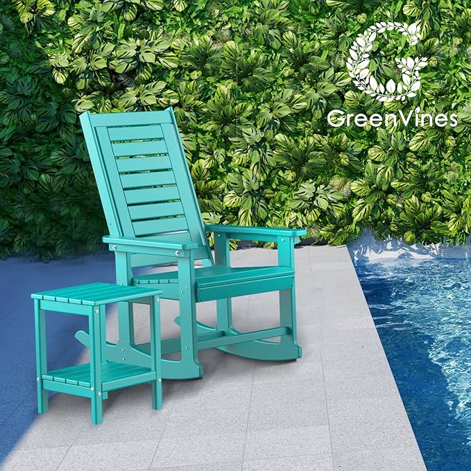 GREENVINES Outdoor Rocking Chairs | Set of 2 | Porch Rocker | HDPE Plastic | Aqua | Oversized Rockers | High Back | Big & Tall | Ladder Back | for Patio Outside Backyard Balcony Garden