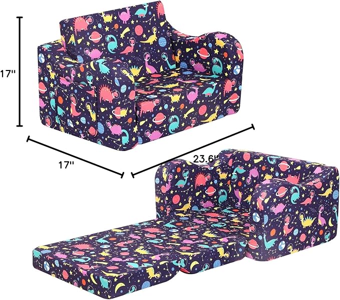 Dinosaur Kids Sofa, 2-in-1 Kids Couch Fold Out, Convertible Sofa to Bed for Girls and Boys