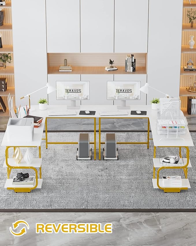 Teraves Reversible L Shaped Desk with Large Surface, 69 Inch Sturdy Corner Desk with Storage Shelves, Premium Office Computer Desk Workstation for Home Office Gaming