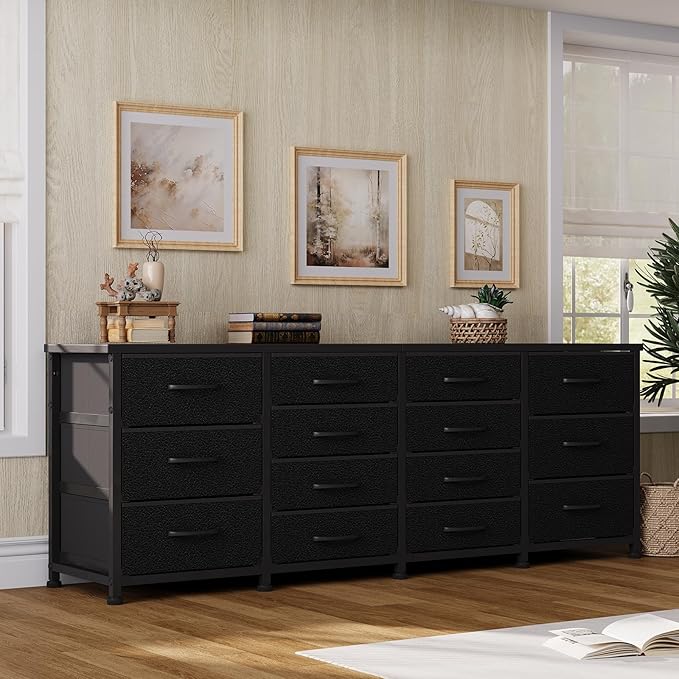 63 Inch TV Stand Dresser for Bedroom, Long Black Dresser with 14 Fabric Drawers for 65 70 75 Inch TV, Entertainment Center with Storage Media TV Console Table