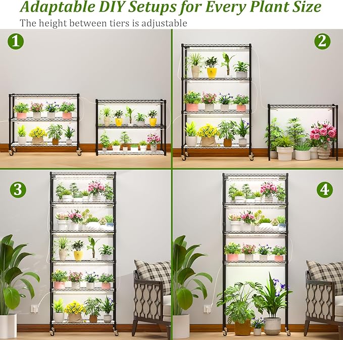 Plant Stand with Grow Light, 6-Tier DIY Plant Shelf with Grow Lights for Seedlings, Greenhouse, Indoor, 8 Pack 5000K 192W LED Full Spectrum Growing Lamp with Rack, Wheel, 29"x13.5"x73.5"